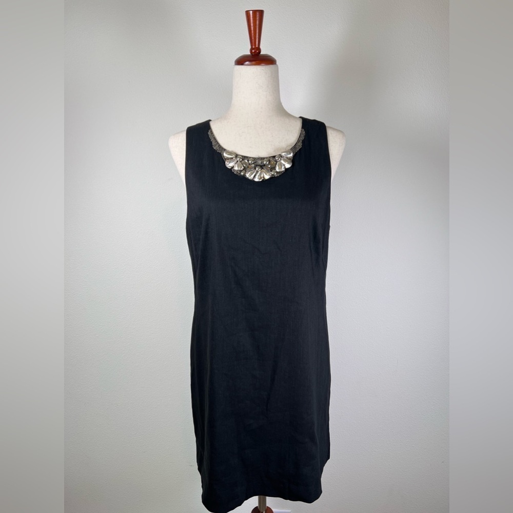 Rebecca Taylor Dress 12 Black Linen Blend Keyhole Back Beaded Collar Cocktail